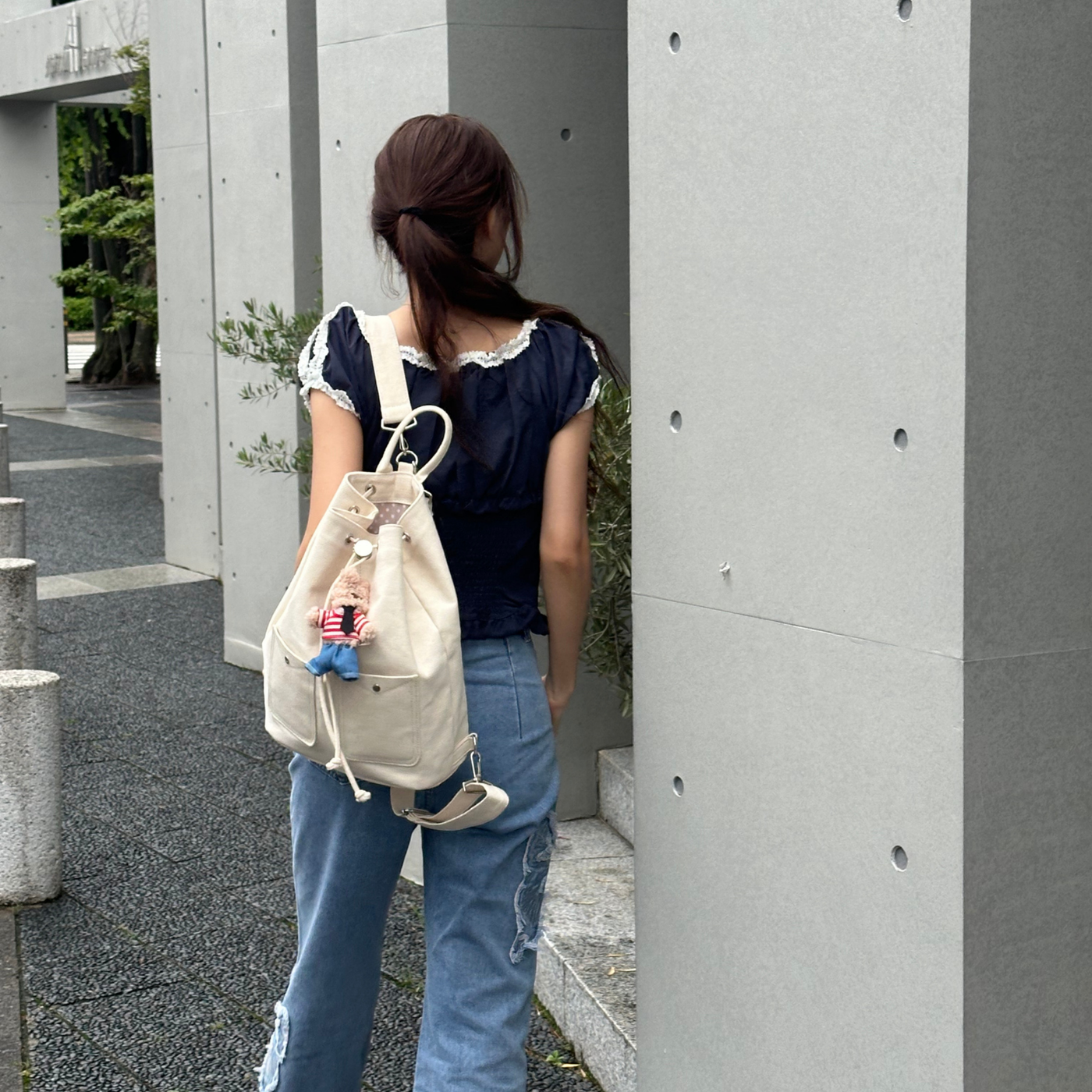 Big size Beige canvas × DENIM まるっこリュック Big size canvas