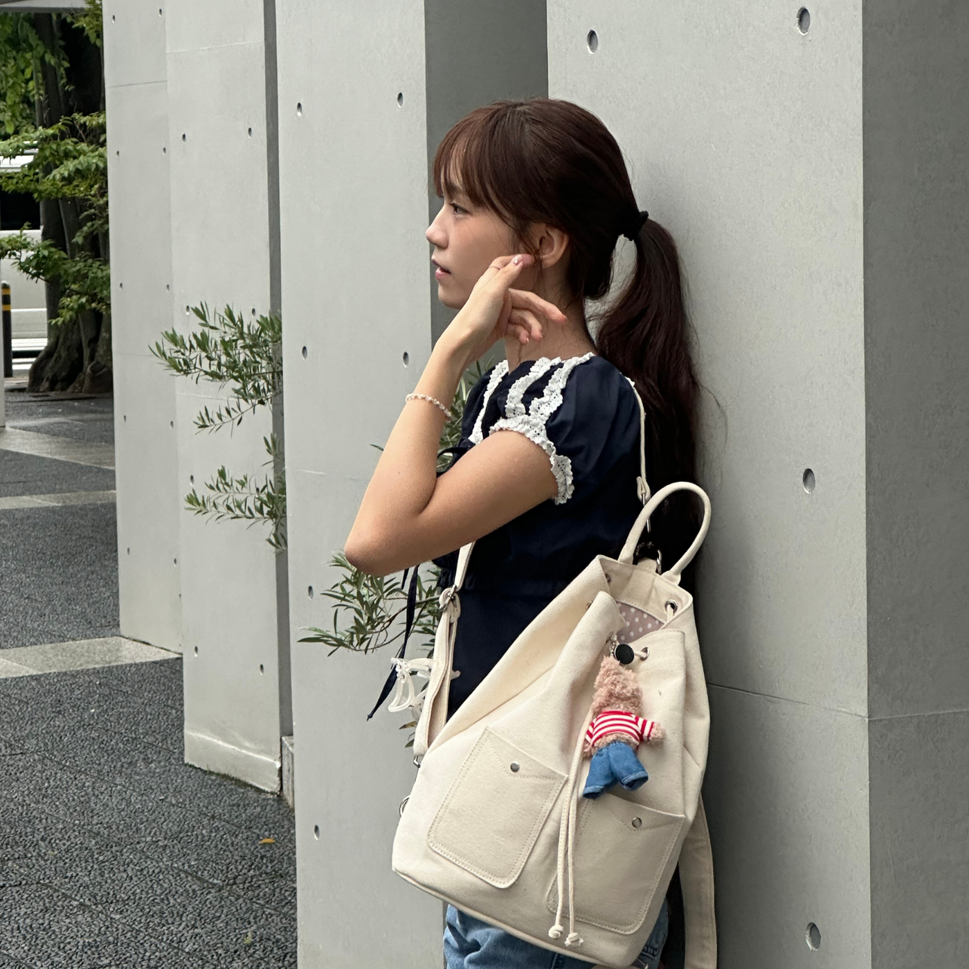 Big size Beige canvas × DENIM まるっこリュック Big size canvas